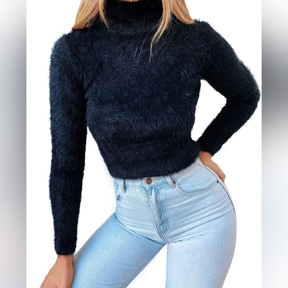 Fuzzy fur black turtleneck crop top